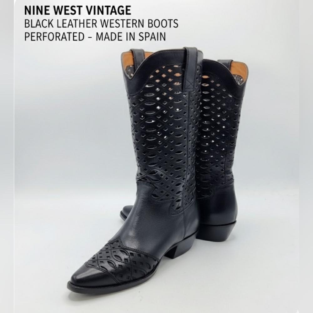 Nine West Vintage Black Leather Western Boots Perforated Made in Spain 7.5M